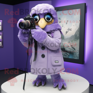 Lavender Camera mascot costume character dressed with a Parka and Shoe clips