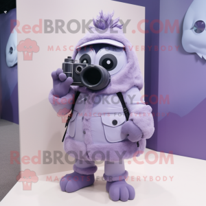 Lavender Camera mascot costume character dressed with a Parka and Shoe clips