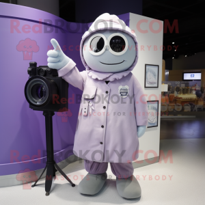 Lavender Camera mascot costume character dressed with a Parka and Shoe clips