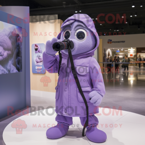 Lavender Camera mascot costume character dressed with a Parka and Shoe clips