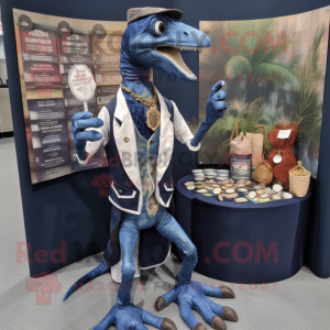 Navy Coelophysis mascot costume character dressed with a Waistcoat and Coin purses
