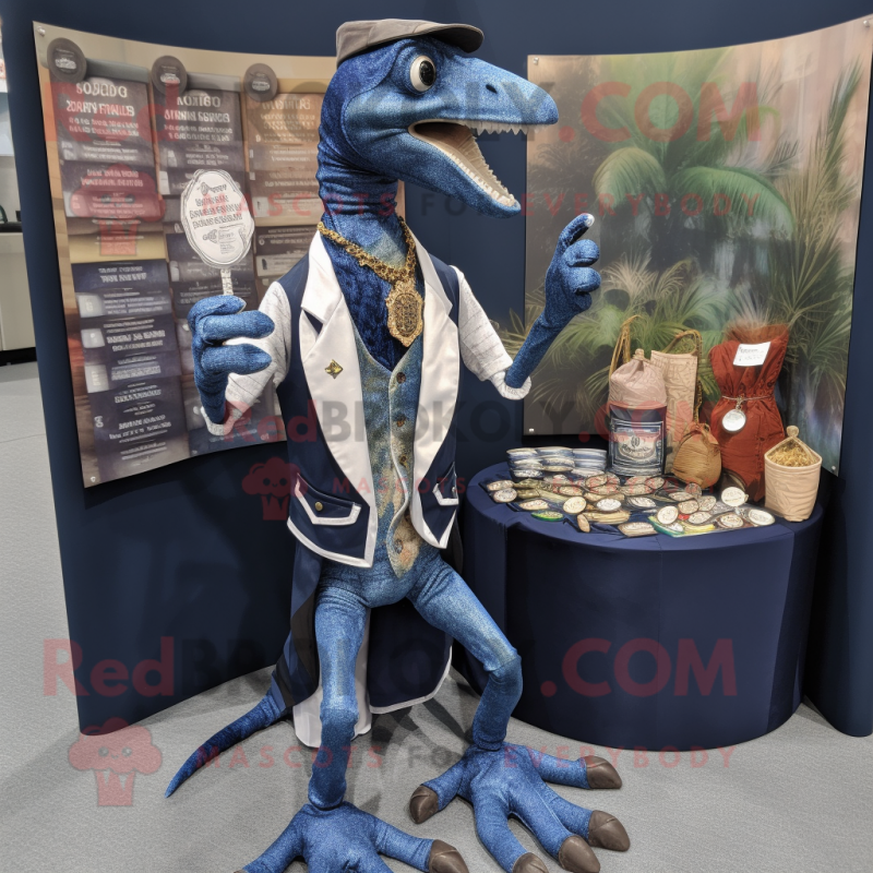 Navy Coelophysis mascot costume character dressed with a Waistcoat and Coin purses Navy Coelophysis mascot costume character dressed with a Waistcoat and Coin purses