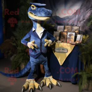 Navy Coelophysis mascot costume character dressed with a Waistcoat and Coin purses