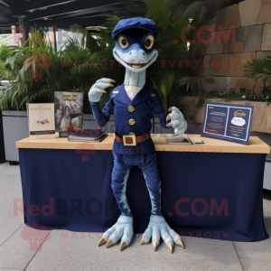 Navy Coelophysis mascot costume character dressed with a Waistcoat and Coin purses