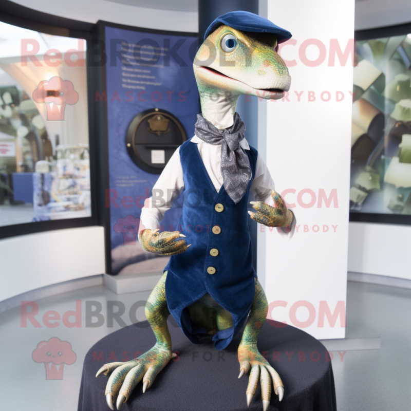 Navy Coelophysis mascot costume character dressed with a Waistcoat and Coin purses