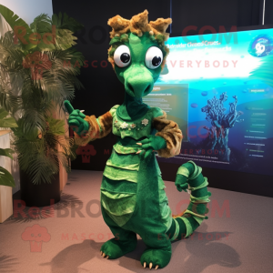 Forest Green Seahorse mascot costume character dressed with a Midi Dress and Rings