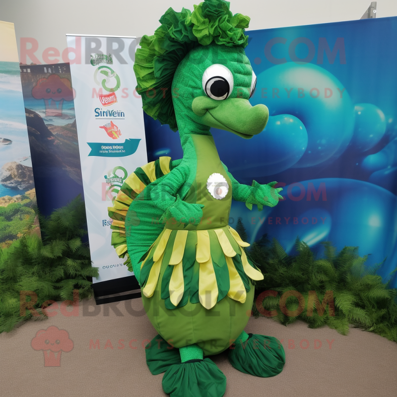 Forest Green Seahorse mascot costume character dressed with a Midi Dress and Rings