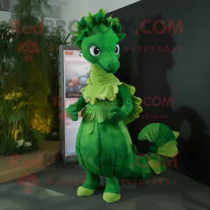 Forest Green Seahorse mascot costume character dressed with a Midi Dress and Rings