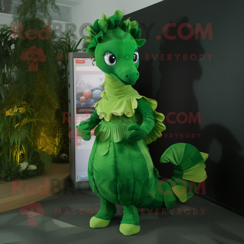 Forest Green Seahorse mascot costume character dressed with a Midi Dress and Rings Forest Green Seahorse mascot costume character dressed with a Midi Dress and Rings