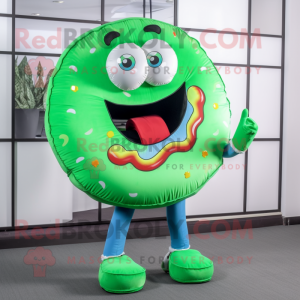 Green Donut mascot costume character dressed with a Flare Jeans and Clutch bags