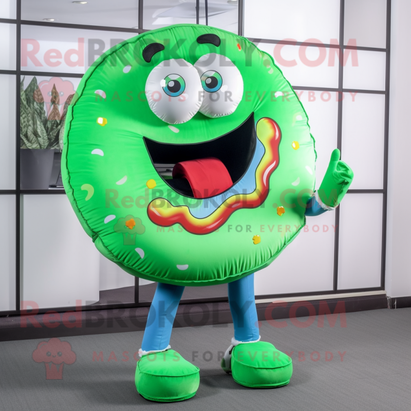 Green Donut mascot costume character dressed with a Flare Jeans and Clutch bags Green Donut mascot costume character dressed with a Flare Jeans and Clutch bags