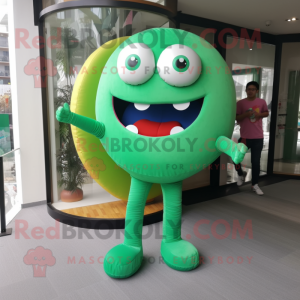 Green Donut mascot costume character dressed with a Flare Jeans and Clutch bags