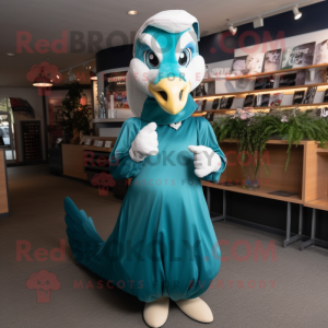 Teal Horseshoe mascot costume character dressed with a Dress and Gloves