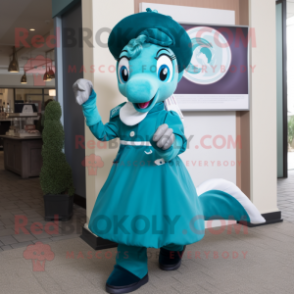 Teal Horseshoe mascot costume character dressed with a Dress and Gloves