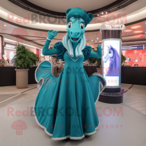 Teal Horseshoe mascot costume character dressed with a Dress and Gloves