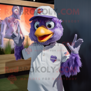 Lavender Chicken mascot costume character dressed with a Graphic Tee and Caps