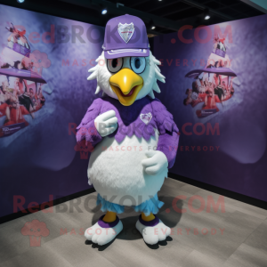 Lavender Chicken mascot costume character dressed with a Graphic Tee and Caps