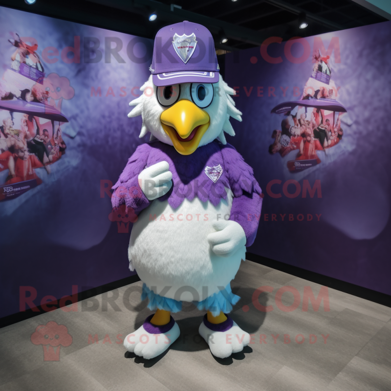 Lavender Chicken mascot costume character dressed with a Graphic Tee and Caps
