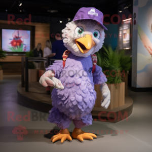 Lavender Chicken mascot costume character dressed with a Graphic Tee and Caps