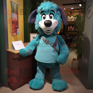 Teal Shepard'S Pie mascot costume character dressed with a Playsuit and Messenger bags