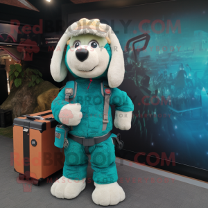 Teal Shepard'S Pie mascot costume character dressed with a Playsuit and Messenger bags