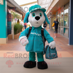 Teal Shepard'S Pie mascot costume character dressed with a Playsuit and Messenger bags