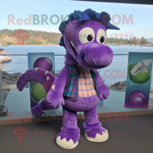 Purple Loch Ness Monster mascot costume character dressed with a Flannel Shirt and Hair clips