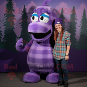 Purple Loch Ness Monster mascot costume character dressed with a Flannel Shirt and Hair clips