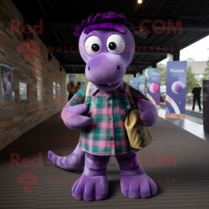 Purple Loch Ness Monster mascot costume character dressed with a Flannel Shirt and Hair clips