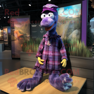 Purple Loch Ness Monster mascot costume character dressed with a Flannel Shirt and Hair clips
