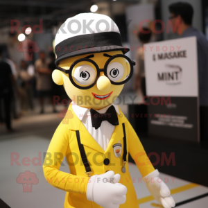 Yellow Mime mascot costume character dressed with a Waistcoat and Eyeglasses