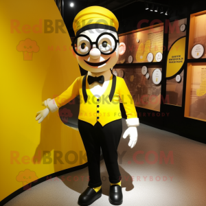 Yellow Mime mascot costume character dressed with a Waistcoat and Eyeglasses