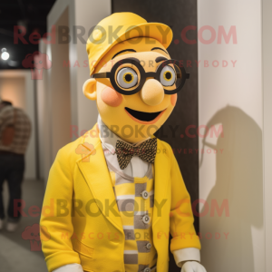 Yellow Mime mascot costume character dressed with a Waistcoat and Eyeglasses