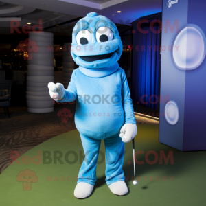 Sky Blue Golf Ball mascot costume character dressed with a Turtleneck and Wraps