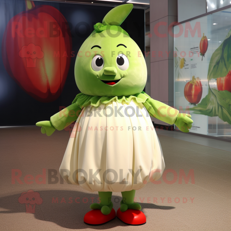 Olive Radish mascot costume character dressed with a Pleated Skirt and Anklets