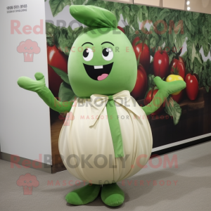 Olive Radish mascot costume character dressed with a Pleated Skirt and Anklets