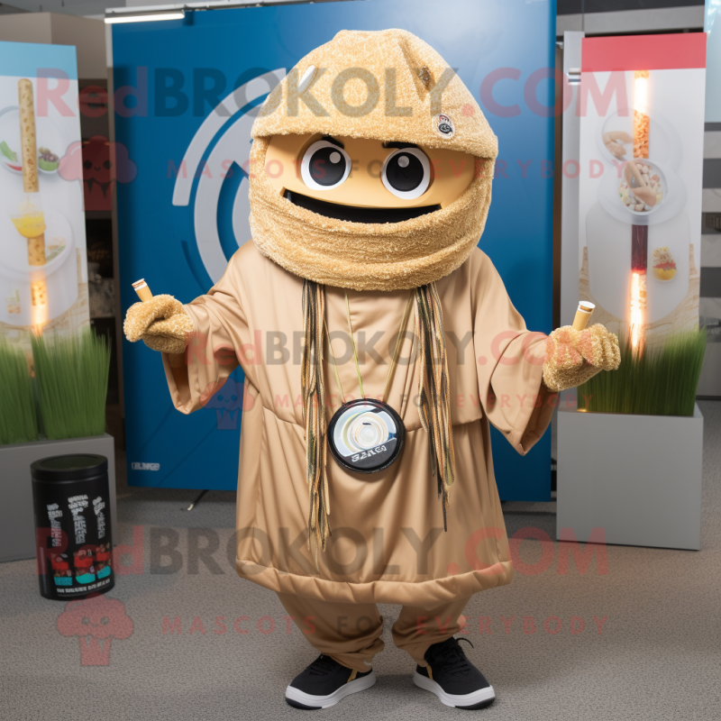 Tan Ramen mascot costume character dressed with a Windbreaker and Necklaces Tan Ramen mascot costume character dressed with a Windbreaker and Necklaces