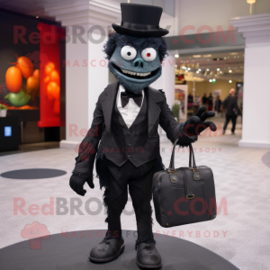 Black Zombie mascot costume character dressed with a Tuxedo and Handbags