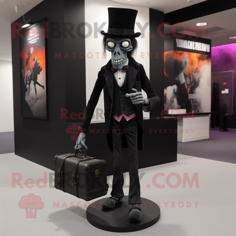 Black Zombie mascot costume character dressed with a Tuxedo and Handbags