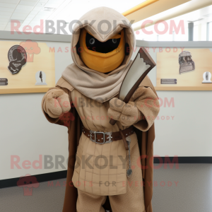 Tan Medieval Knight mascot costume character dressed with a Corduroy Pants and Shawl pins