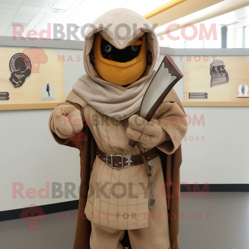 Tan Medieval Knight mascot costume character dressed with a Corduroy Pants and Shawl pins Tan Medieval Knight mascot costume character dressed with a Corduroy Pants and Shawl pins