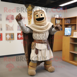 Tan Medieval Knight mascot costume character dressed with a Corduroy Pants and Shawl pins