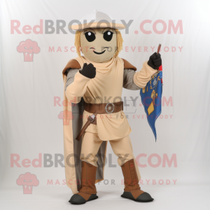 Tan Medieval Knight mascot costume character dressed with a Corduroy Pants and Shawl pins