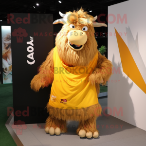 Gold Yak mascot costume character dressed with a Wrap Skirt and Shoe laces