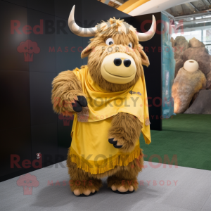 Gold Yak mascot costume character dressed with a Wrap Skirt and Shoe laces