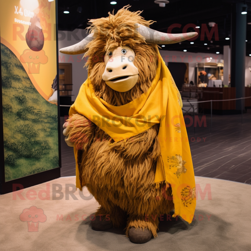 Gold Yak mascot costume character dressed with a Wrap Skirt and Shoe laces Gold Yak mascot costume character dressed with a Wrap Skirt and Shoe laces