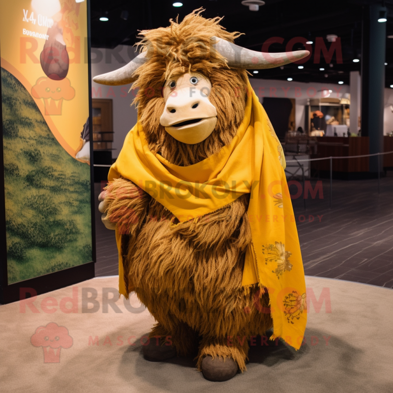 Gold Yak mascot costume character dressed with a Wrap Skirt and Shoe laces