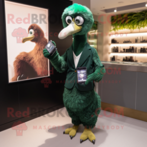 Forest Green Ostrich mascot costume character dressed with a Sheath Dress and Smartwatches