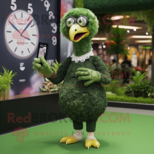 Forest Green Ostrich mascot costume character dressed with a Sheath Dress and Smartwatches