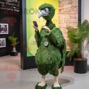 Forest Green Ostrich mascot costume character dressed with a Sheath Dress and Smartwatches
